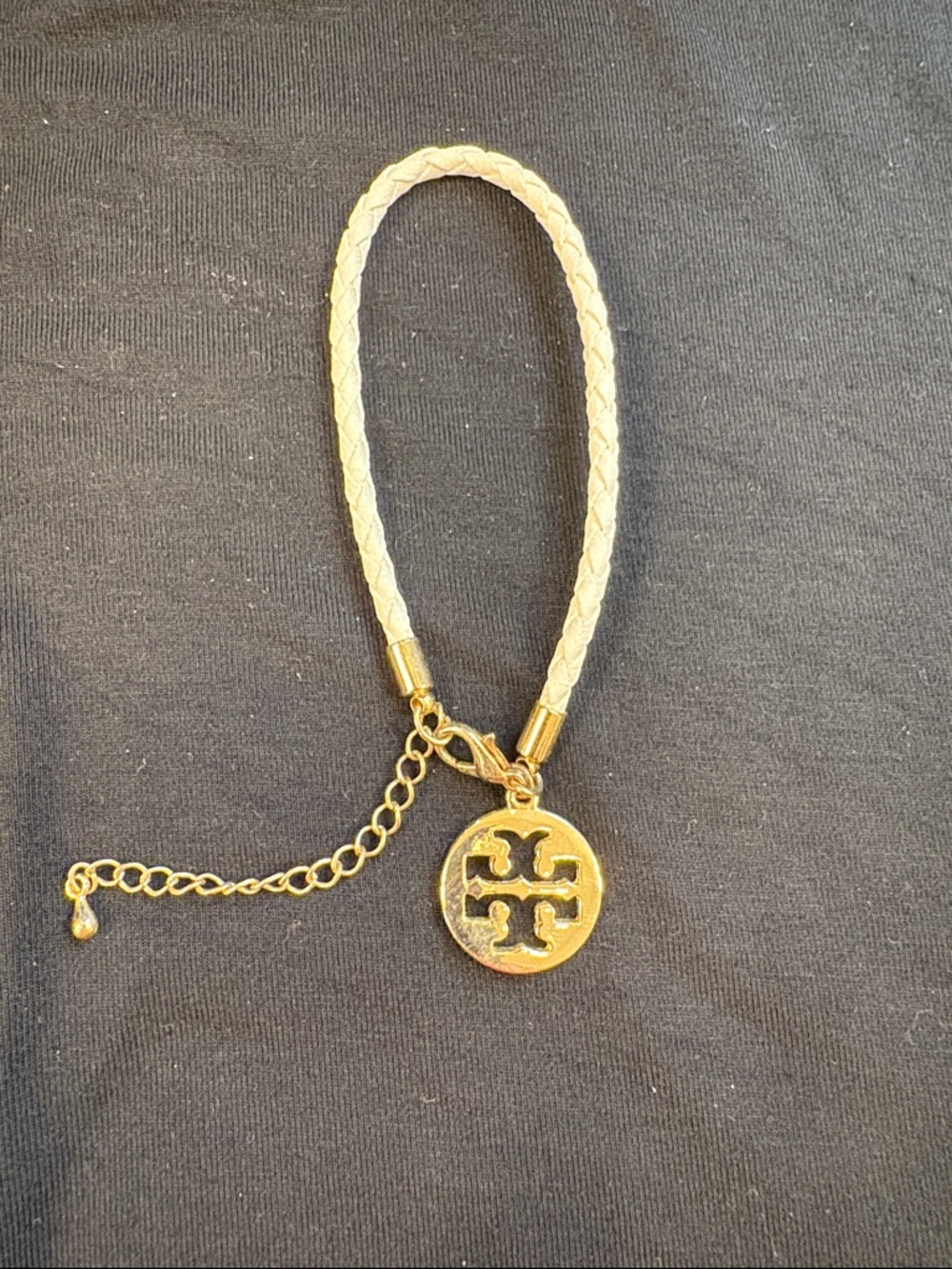 Tory Burch Cream Braided Leather Bracelet with Gold Logo Charm